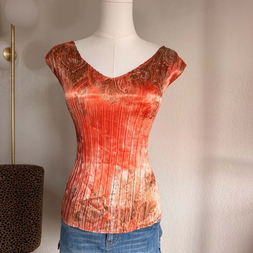 Piano Orange Pleated Paisley Top Blouse